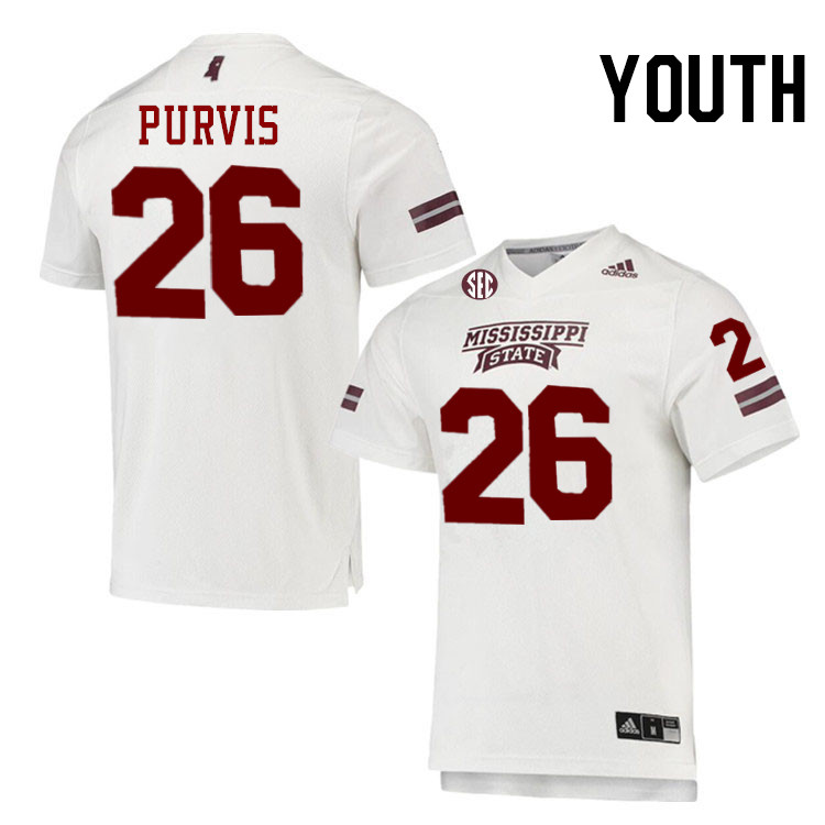 Youth #26 JP Purvis Mississippi State Bulldogs College Football Jerseys Stitched-White